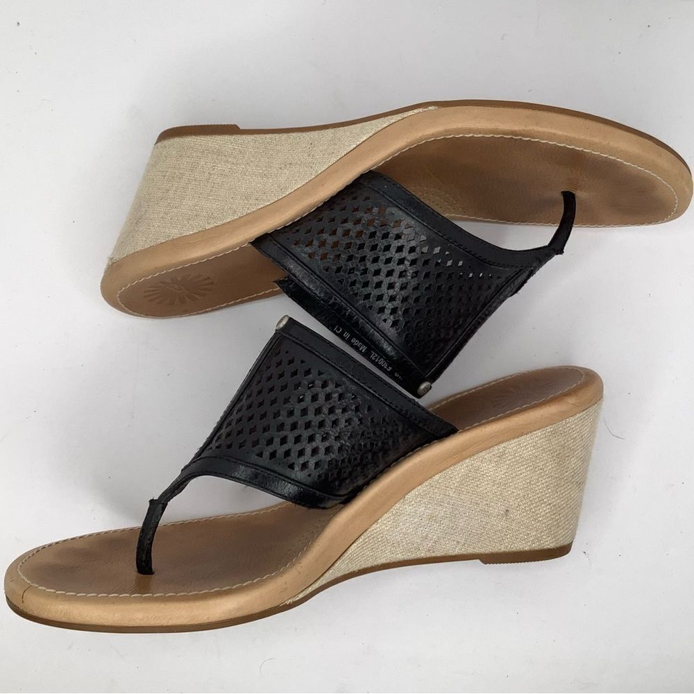 UGG AUSTRALIA SOLENA BLACK LEATHER CUT OUT WEDGE WOMEN'S THONG SANDALS SZ 9W - Picture 6 of 10